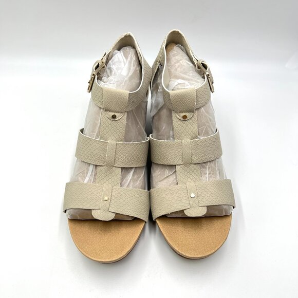 9.5W 9.5 WIDE WIDTH Dr Scholls Beige Oatmeal Snakeskin Wedges Sandals Shoes - Picture 2 of 15